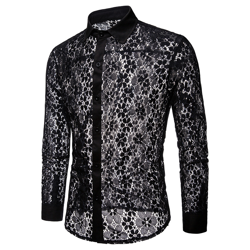 Title 6, Lace Solid Color Mens Long-sleeved Lapel Shirt...