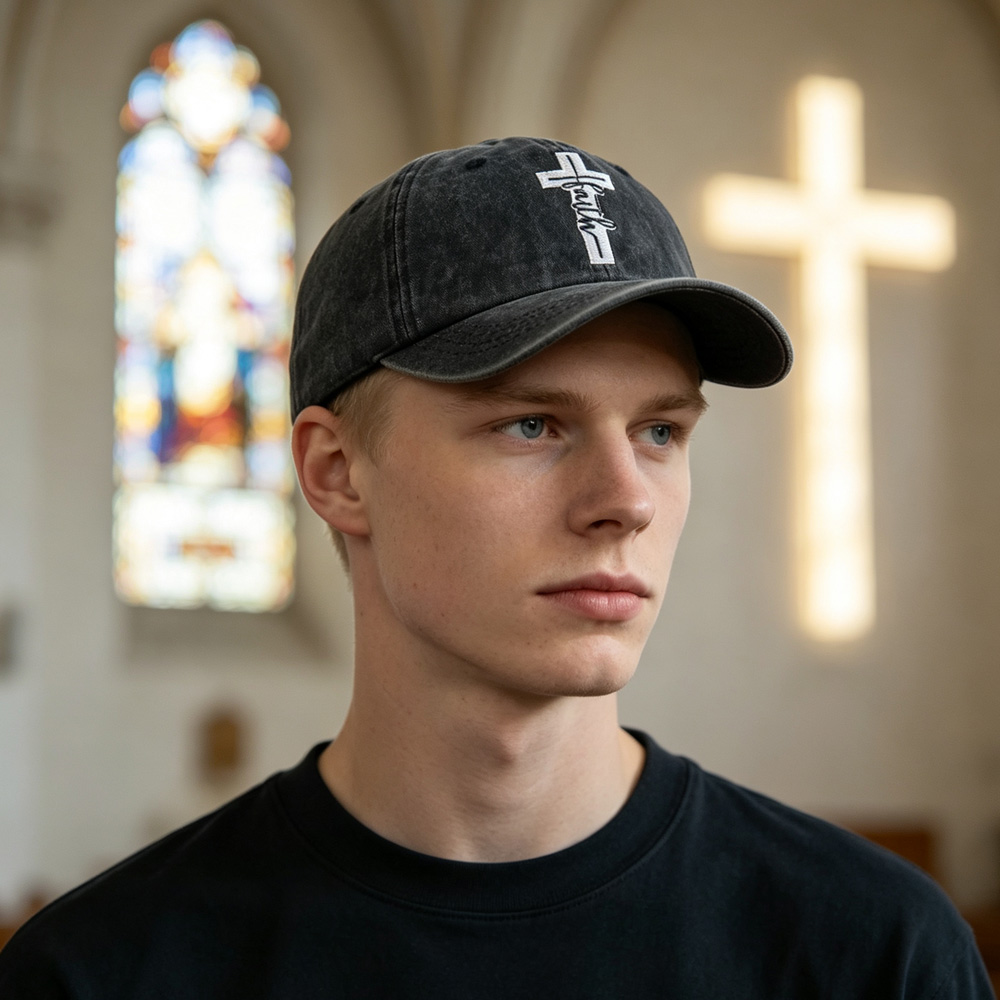 2pcs Washed Vintage Faith Cross Baseball Cap, Embroidered Faith Hat For Men Women, Religious Christian Soft Cotton Adjustable Trucker Hat — foto 6