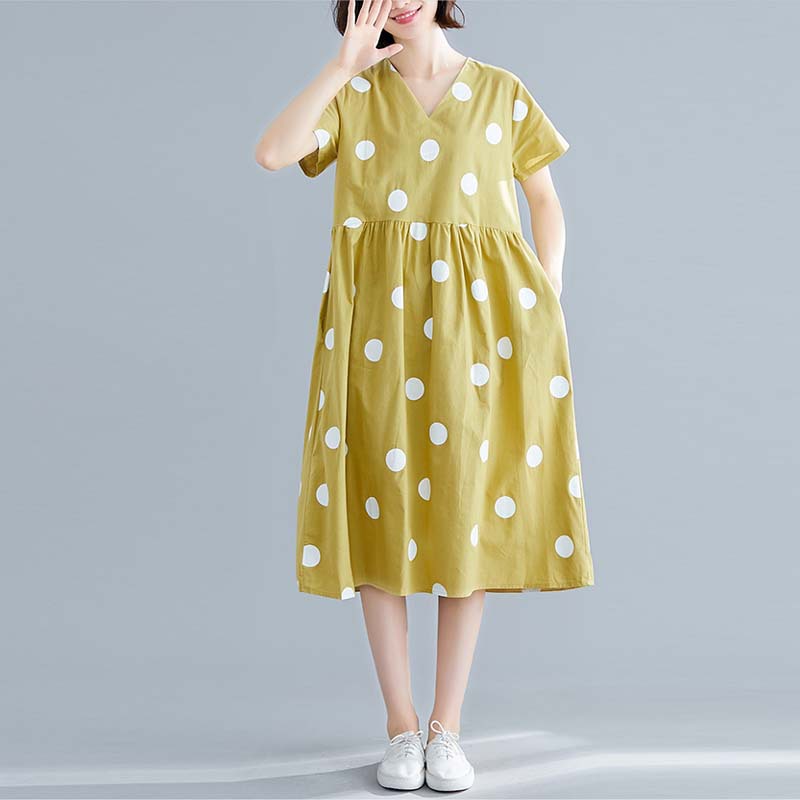 Dot Print Cotton Linen V-Neck Short Sleeve Dress