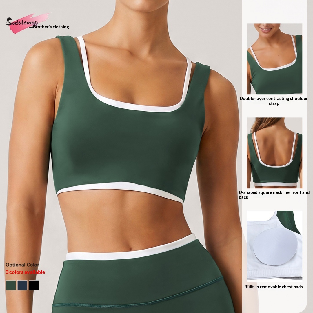 Womens Contrast Double Strap Sports Bra Square Neck Wireless Padded Yoga Crop Top