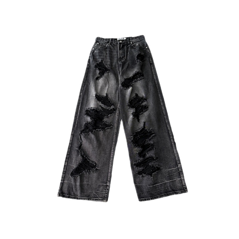Dark black denim ripped wide leg jeans Black - Shop at LoveMi