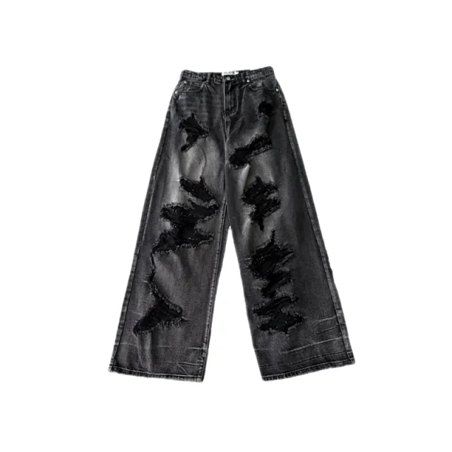 Dark black denim ripped wide leg jeans Black - Shop at LoveMi