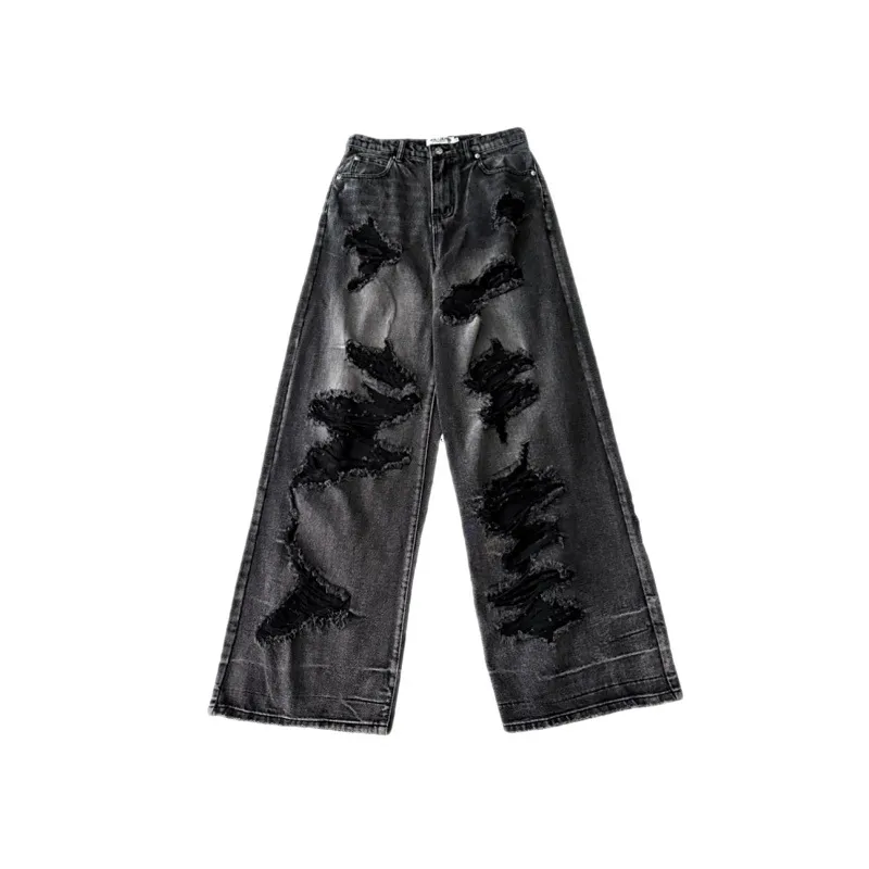 Dark black denim ripped wide leg jeans - Black