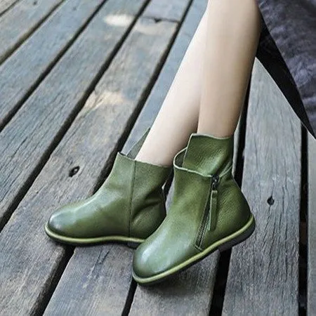 Autumn And Winter Casual Flat heeled Soft soled Retro Ankle Boots With Leather Stitching Green - Shop at LoveMi