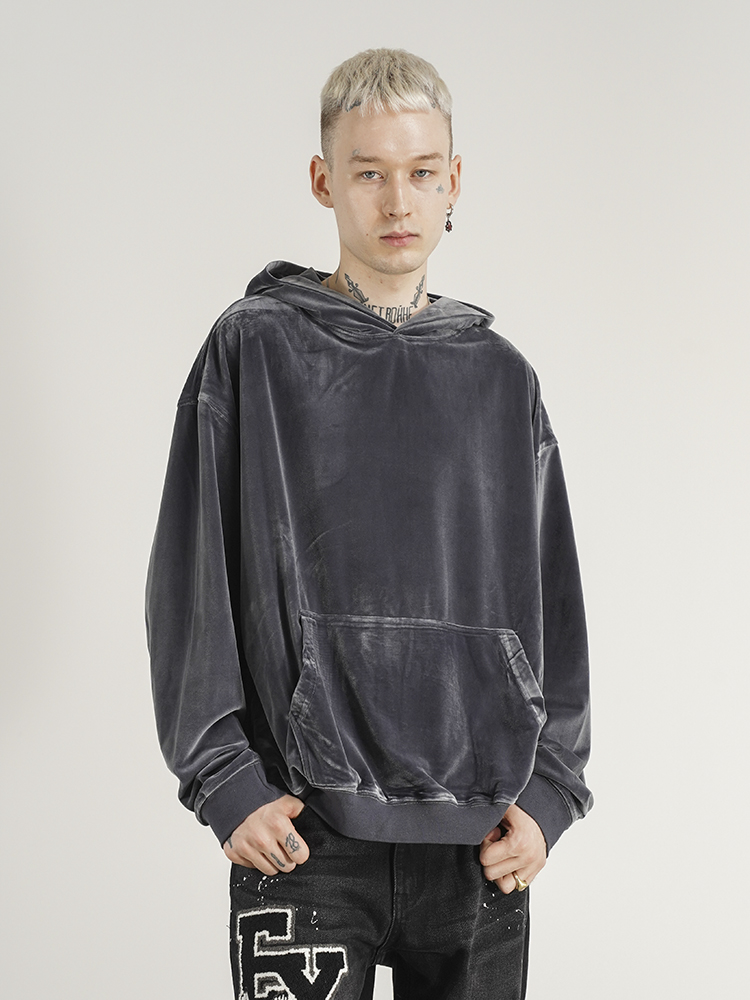 High Street Style Retro Reflective Velvet Loose Hooded Sweater