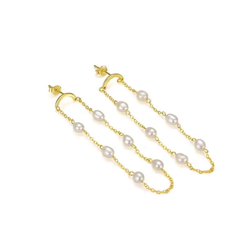 Sterling Silver Curved Tassel Pearl Chain Earrings