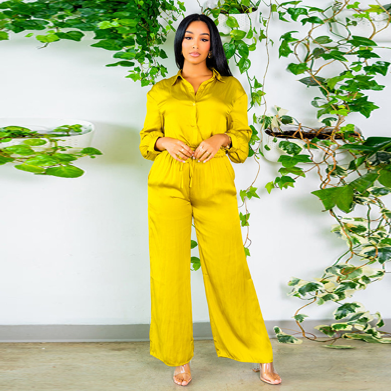 Women's Stylish Graceful Simple Long-sleeved Shirt Wide-leg Trousers Suit - Image 4