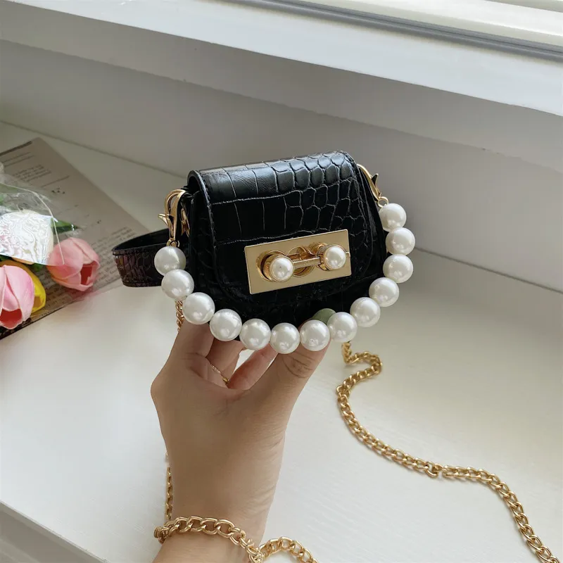 Pearl Chain Ladies Mini Crossbody Belt Bag - Black