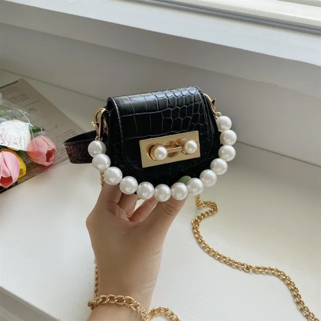 Pearl Chain Ladies Mini Crossbody Belt Bag Black - Shop at LoveMi