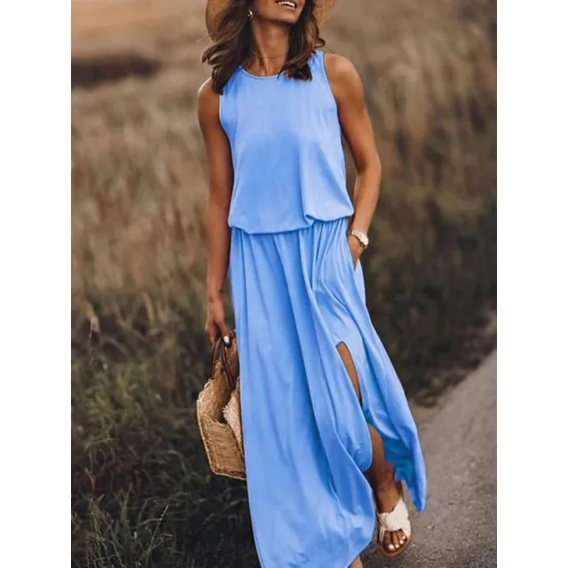 Women's Maxi Dress Summer Sleeveless Crewneck Sundress Casual Loose Long Dresses With Pockets Sky Blue - Shop at LoveMi
