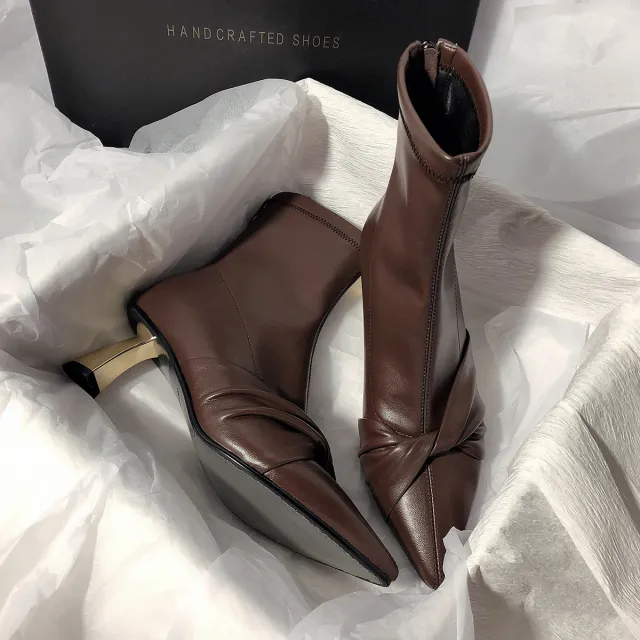 Women's New High heeled Bow Korean Style Elastic Ankle Boots Brown - Shop at LoveMi