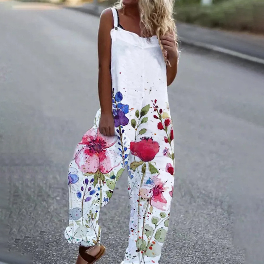 Women’s Printed Sleeveless Sling Loose Casual Jumpsuit