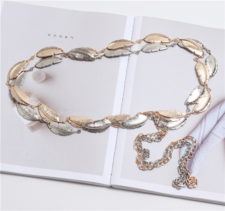 Fashion All-match Dress With Leaf Metal Ladies Waist Chain Decoration
