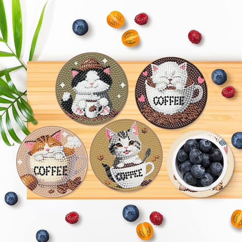 Diamond Art Drawing Coaster With Bracket, DIY Cat Pattern Diamond Art Coaster, Suitable For Adults And Beginners Diamond Drawing Kit, Diamond Kit Craft Supplies, Exquisite Gifts For Friends