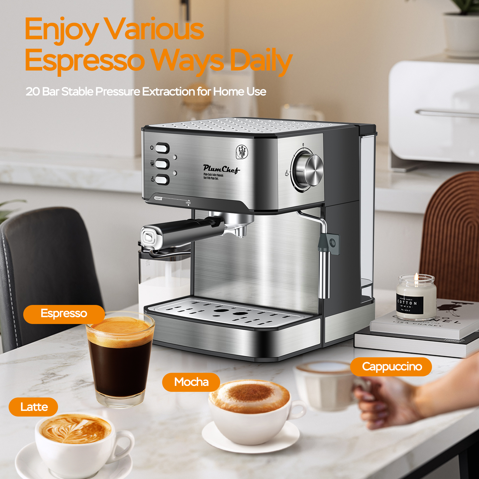 20 Bar Espresso Machine With Milk Frother, Single & Double Shot, ESE Pod Compatible, Visual Display Of Pressure, Removable Water Tank, Cappuccino, Latte, Machiato, Amazon Resale Prohibited — foto 4