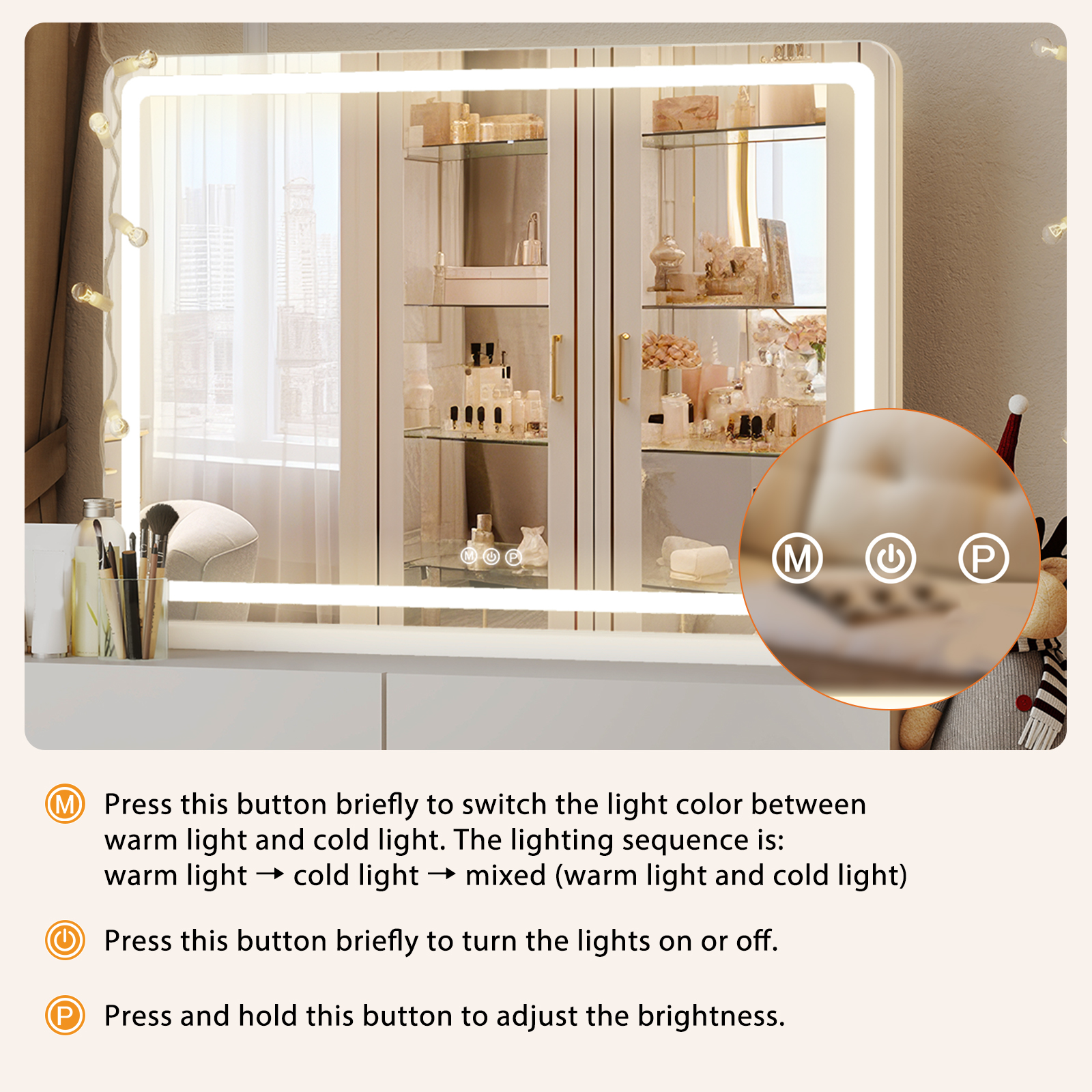 Vanity Mirror With Lights, LED Makeup Mirror With Dimmable 3 Color Modes, Touch Screen Control Vanity Based Mirror Desk Mirror Square White — foto 8