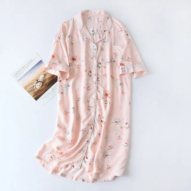 Cotton Sleeping Dress Cool Short Sleeves Pink Flower - Shop at LoveMi