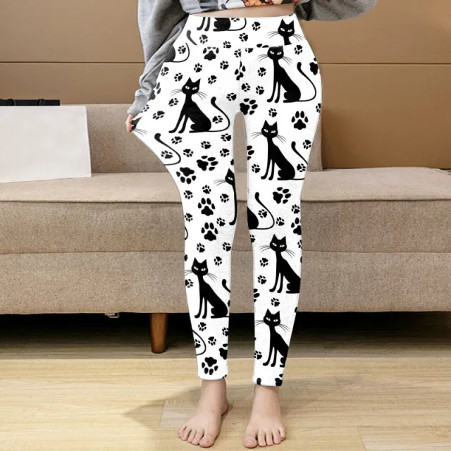 Women's Warm Printed Leggings With Plush Bottoming Laugh At Black Cat - Shop at LoveMi