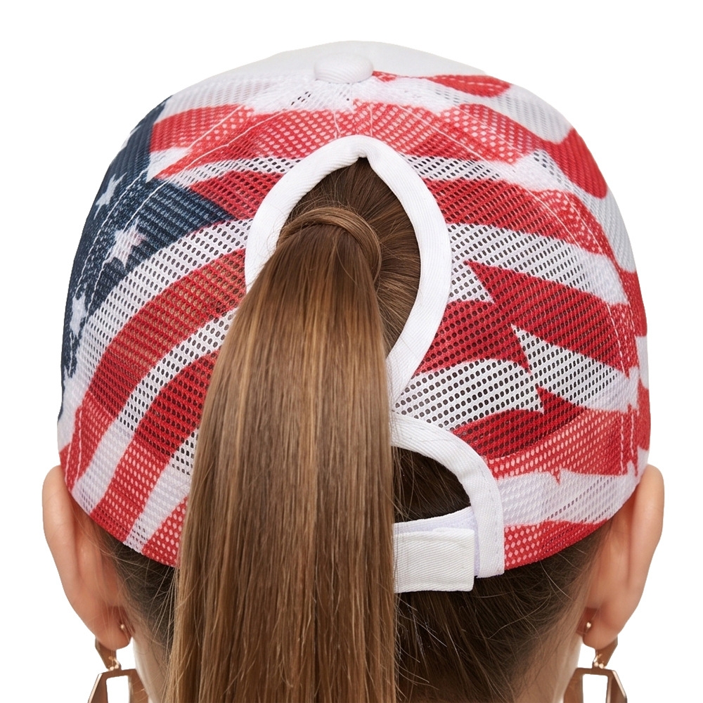 American Retro Brushed-hole Printed Flag Baseball Cap For Summer Outdoor Wear, With Ponytail Netting And A Floppy Brim