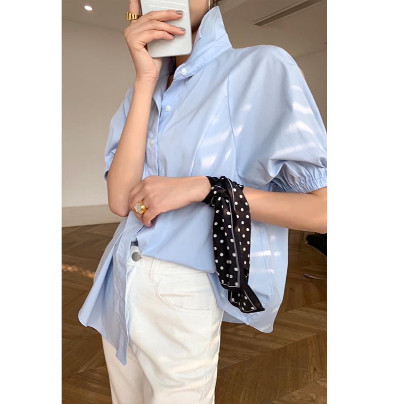 Women's French Vintage Design Niche Puff Sleeve Top Cotton Shirt