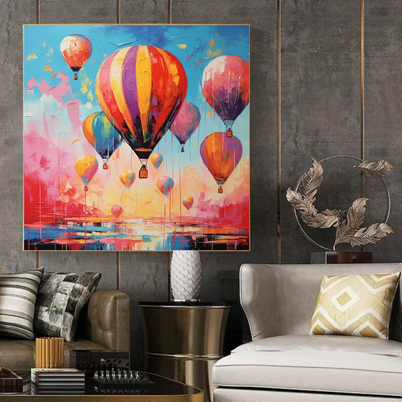 Handmade Oil Painting Canvas Wall Art Decoration Girlish Heart Romantic Hot Air Balloon Landscape Home Living Room Decor Rolled Frameless Unstretched Painting