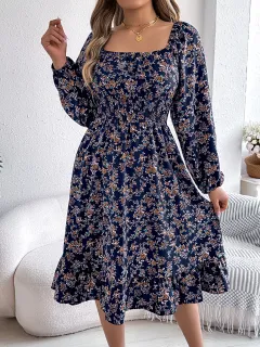 Women's Elegant Floral Square Neck Long Sleeve Waist-Defined Hem Ruffle A-Line Dress - Blue - View 1