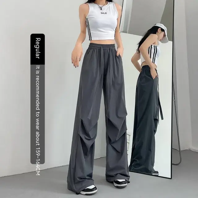 American Straight Pants High Waist Casual Wide Leg Quick drying Track Pants Tan - Shop at LoveMi