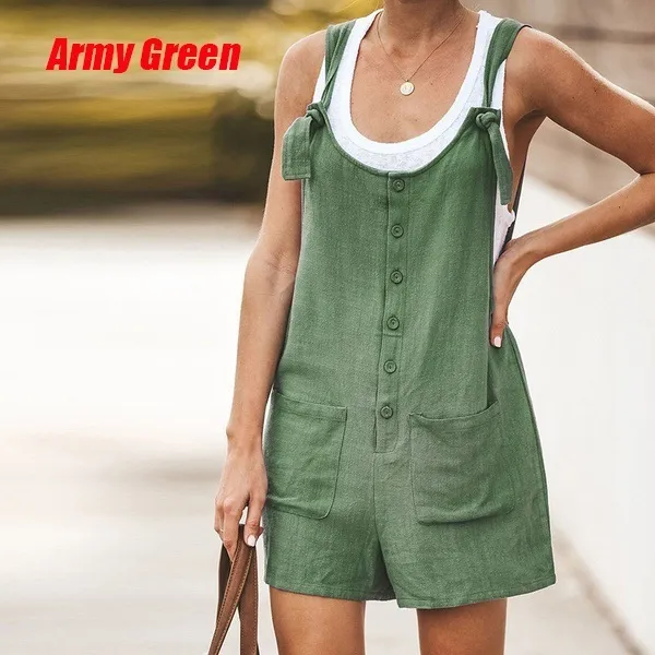 Women's Solid Color Patch Pocket Tie Cotton Linen Bib Pants Army Green - Shop at LoveMi