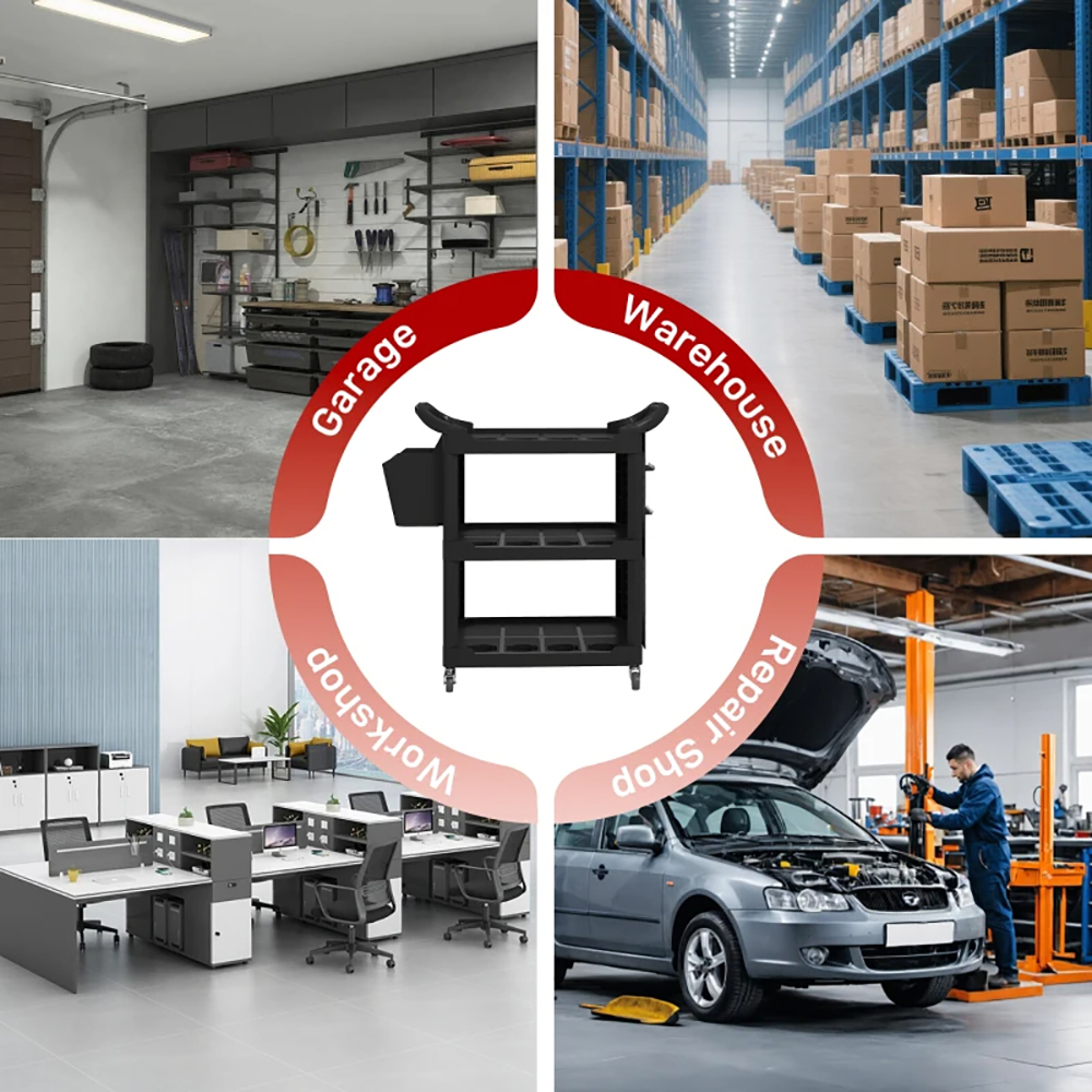 3-Tier Rolling Tool Cart, 200 LBS Capacity Plastic Utility Cart With Side Shelf And Storage Bucket, Tikt0k Sales Prohibited