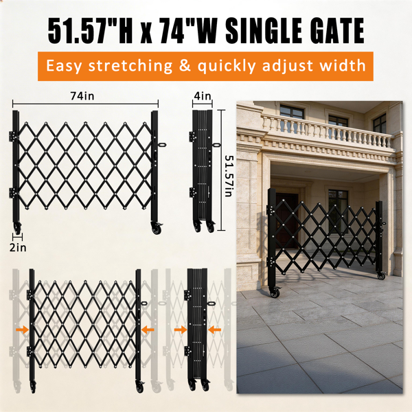 Foldable Security Gate, Expandable Safety Barrier With 360degree  Swivel Casters Lockable Design, Portable Mobile Rolling Barricade For Garage, Warehouse, Driveway And Pool Areas 51.57in H X 74in  W — foto 4