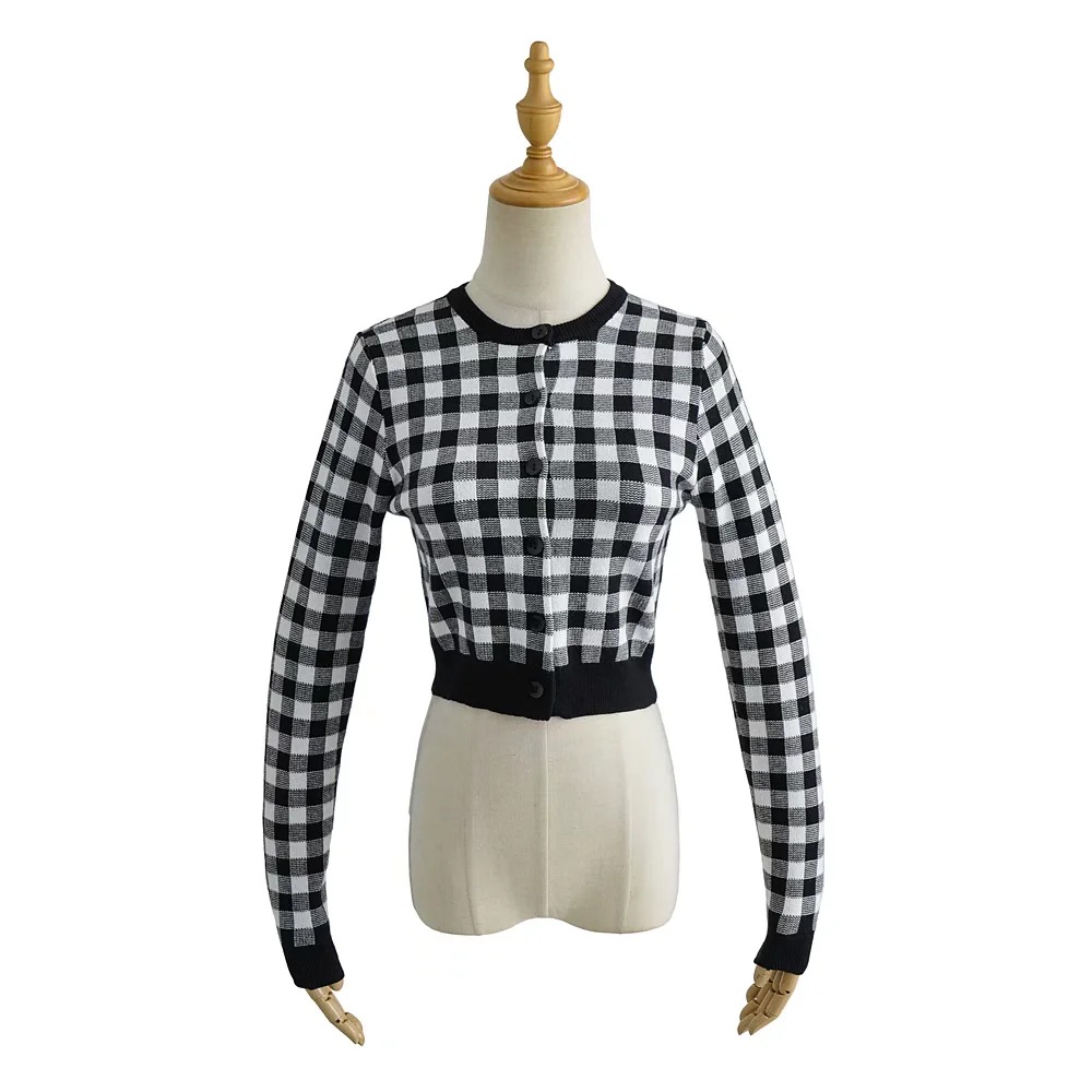 Women Crew Neck Plaid Knit Cardigan Crop Top