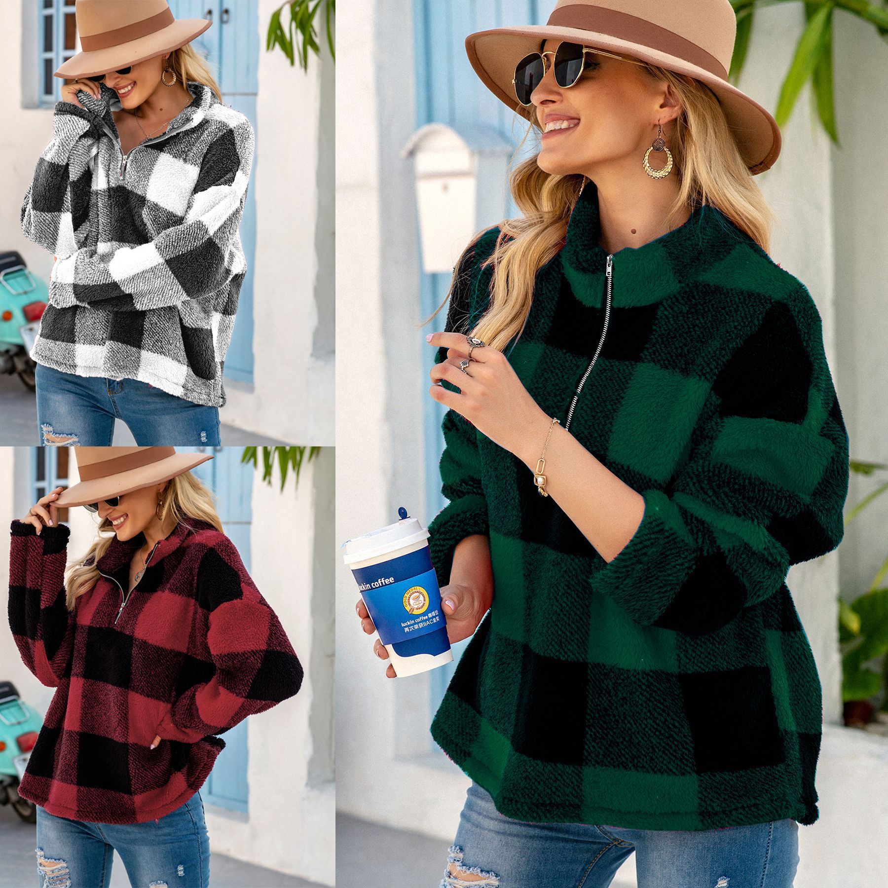 Fashion Plaid Long-sleeved High-neck Zipper Women