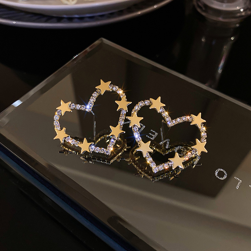 Silver Needle Diamond Star Love Earrings Femininity