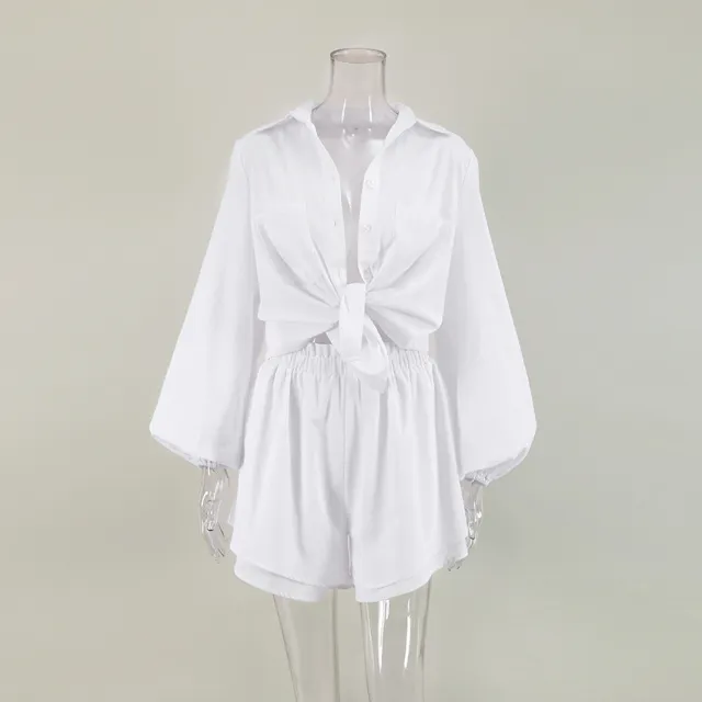 Cotton And Linen Long Sleeved Shorts Two piece Shirt Pajamas White - Shop at LoveMi