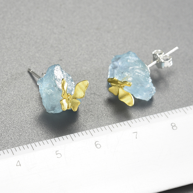 Aquamarine S925 Butterfly Creative Handmade Design Stud Earrings