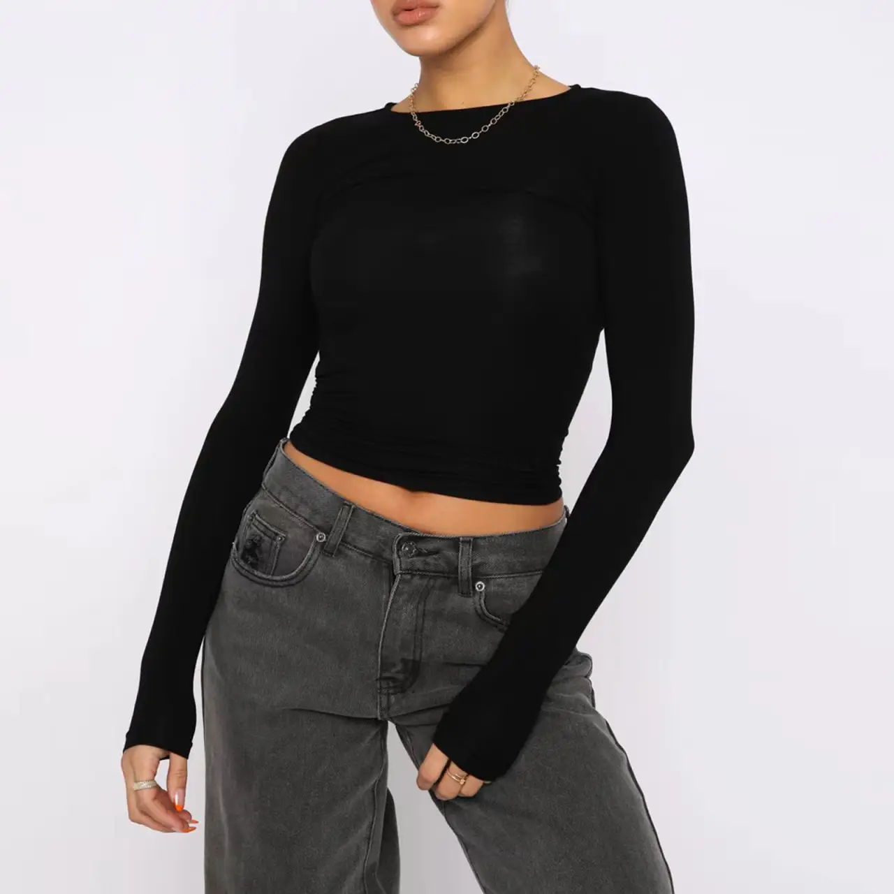 Women's Clothing Fashion Slim Long-sleeved Pullovers Tops Solid Causal Fit