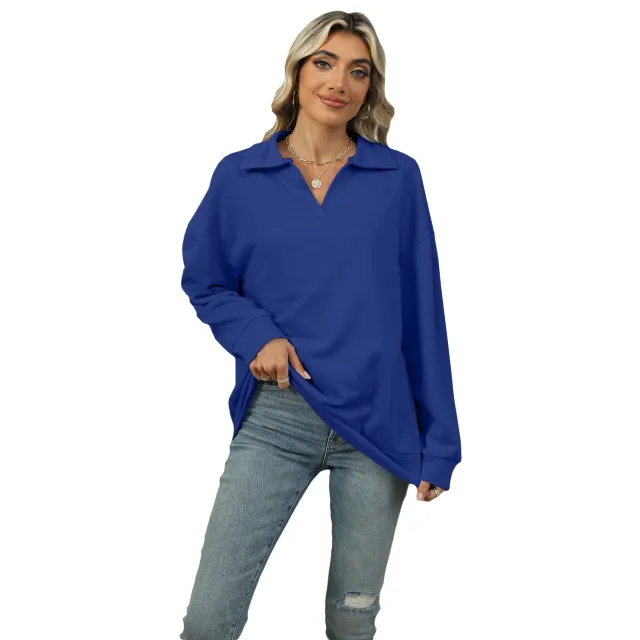 New Lapel V neck Sweatshirt Fashion Casual Loose Solid Color Long sleeved Pullover Top For Womens Clothing Navy - Shop at LoveMi