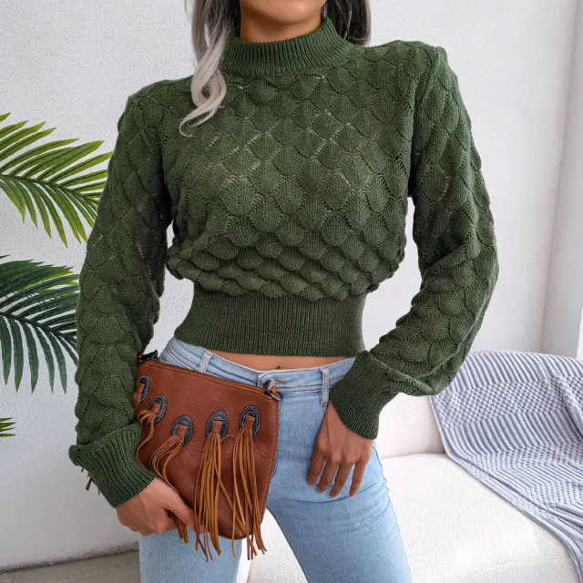 Stereoscopic Diamond Hollow Long Sleeved Navel Knitting Sweater Green - Shop at LoveMi