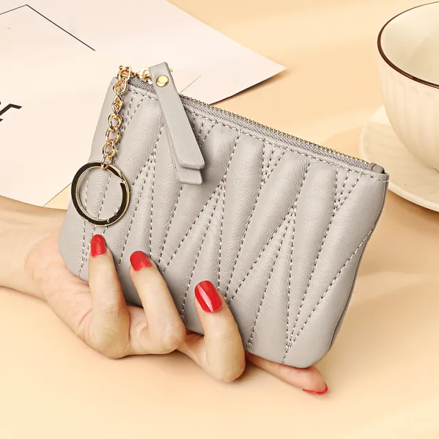 Fashionable Sheepskin Short Wallet Thin Grid Grey - Shop at LoveMi