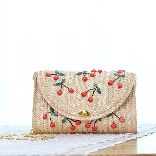 Hand-embroidered Straw Woven Straw Fruit Bag - Red