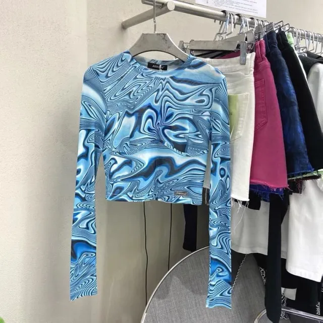 New Style Short Fashion Tie dye Printed Mesh Sunscreen Long sleeved Bottoming Shirt For Women Blue - Shop at LoveMi
