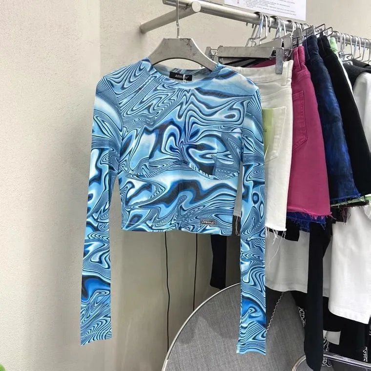 New Style Short Fashion Tie-dye Printed Mesh Sunscreen Long-sleeved Bottoming Shirt For Women - Blue