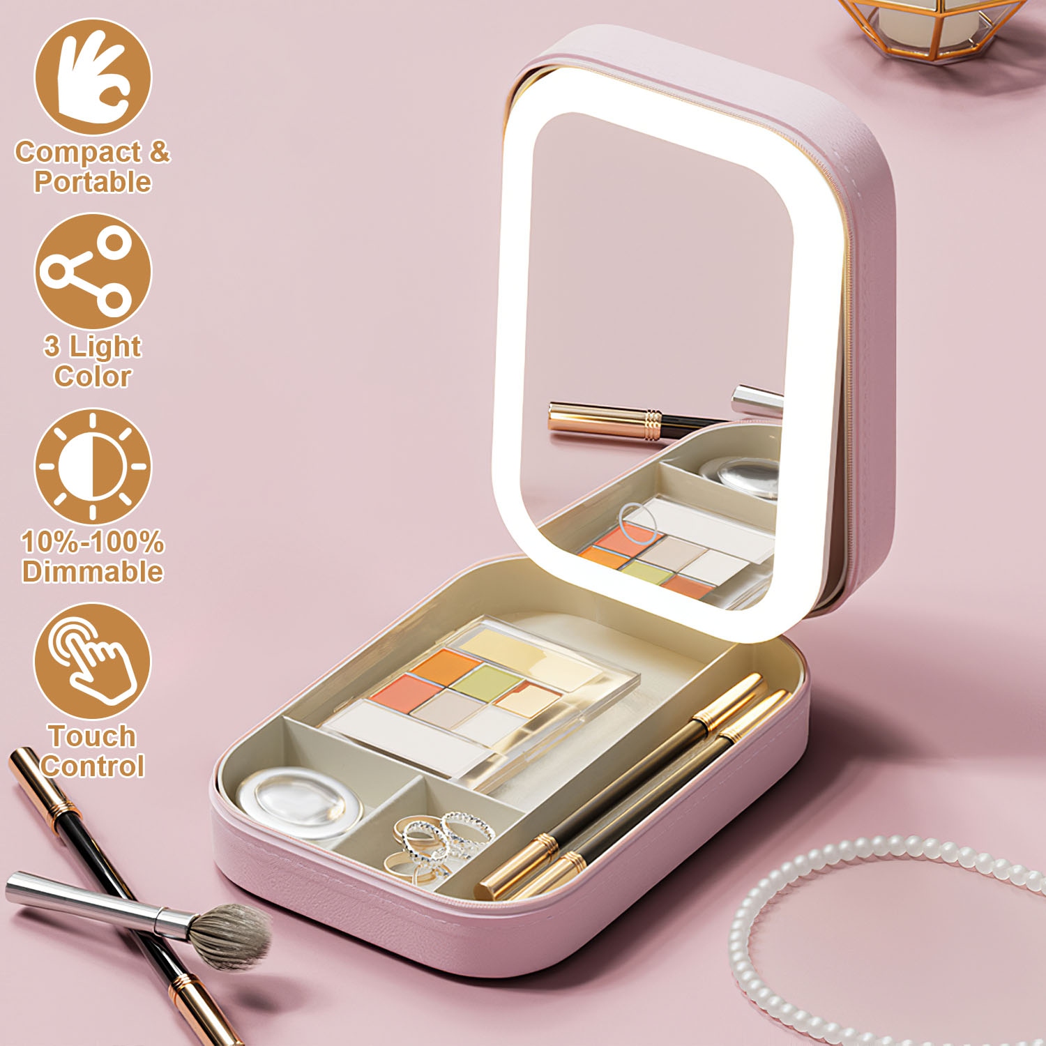 1Pc Portable Travel Makeup Bag With LED Mirror Rechargeable Beauty Mirror With 3 Color Light Dimmable Brightness Waterproof Cosmetic Bag With 4 Compartments Ideal Gift For Women Valentines Day Gift — foto 13