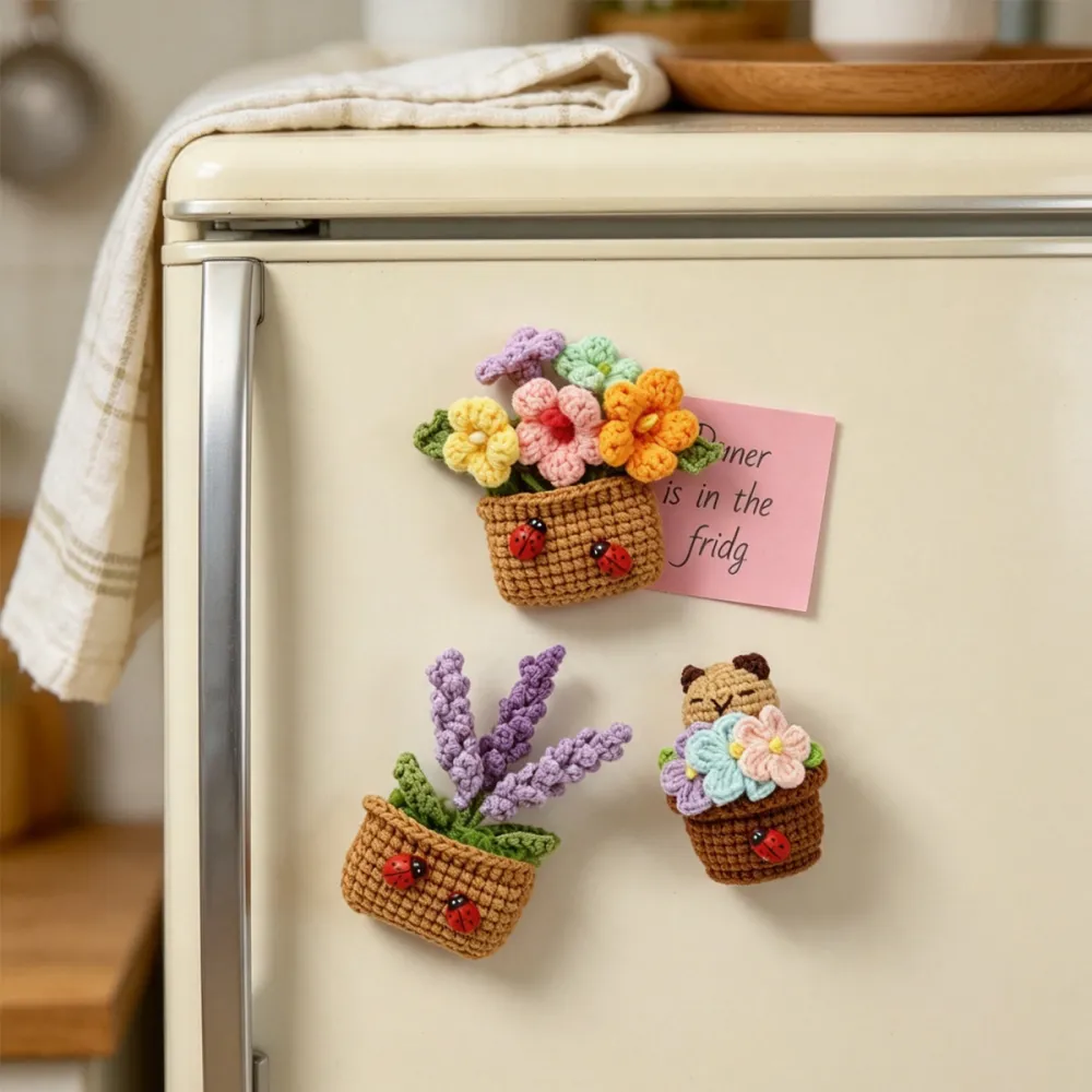 Handmade Crochet Potted Plant Fridge Magnet Three Piece Set With Ladybug Accessories Cute Doll Flower Soft Yarn Everlasting Crochet Decor Indoor Home Magnetic Decoration Ornament