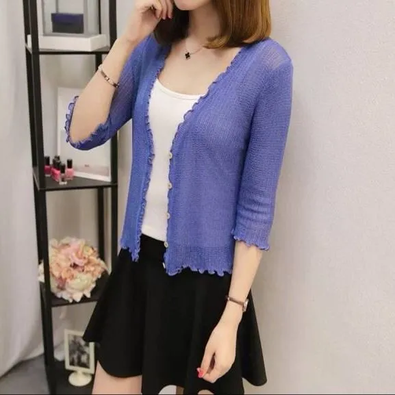 Thin Short Coat Fungus Edge Sun Protection Small Shawl Blue - Shop at LoveMi