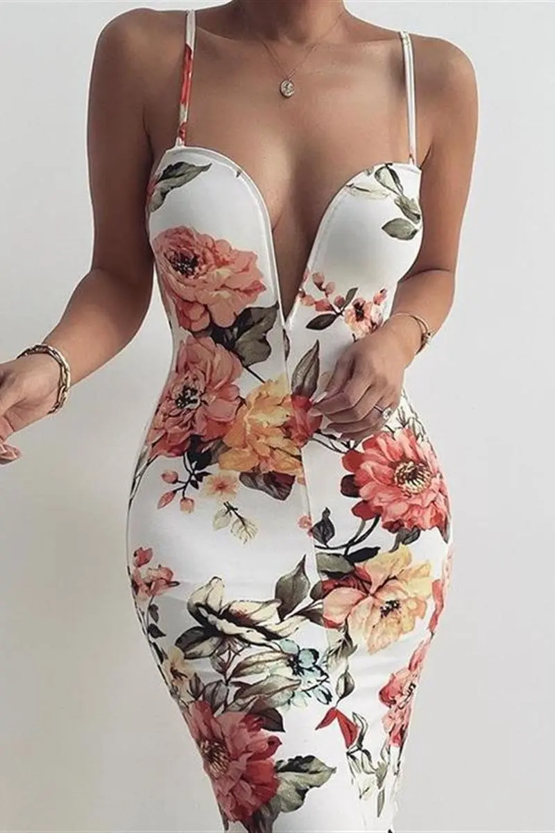New Women's Sling Deep V Bag Hip Print Dress