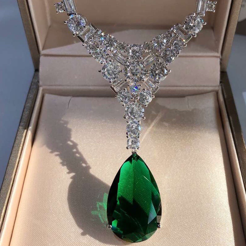Silver Gold-plated Moissan Diamond Pendant Natural Emerald Necklace — foto 2