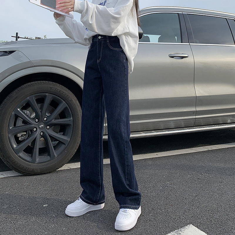 High Waist Comfortable Loose Wide Leg Straight Jeans Dark Blue - Shop at LoveMi