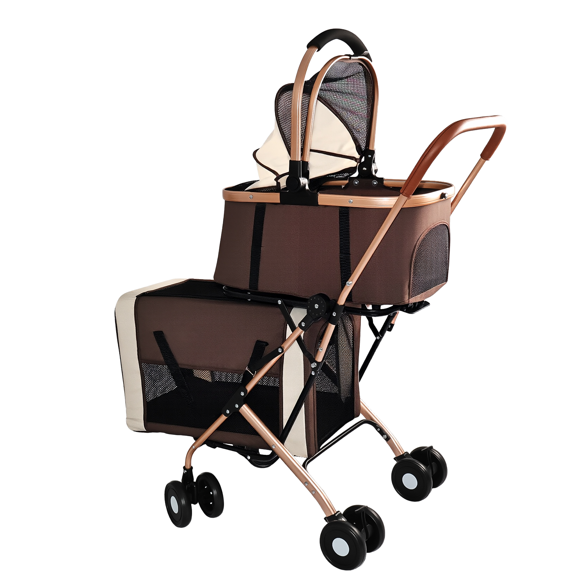 3-in-1 Double Pet Stroller For Small Medium Dogs Cats, Foldable Frame Convertible Pet Carrier Tote, Shockproof Wheels With Brake System, Dual Fixed Safety Leashes For Multi-Pet Households thumbnail 11