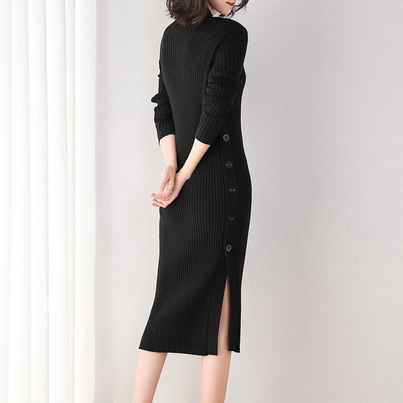 Mid-length Bottoming Sweater Skirt Over The Knee Women's Spring And Autumn Knitted Dress Slim Split Hip Skirt